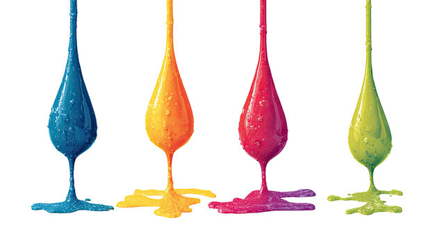 Four dripping colored liquids in a row.  Vibrant blobs of  blue, orange, pink/red, and green viscous fluids cascade downward against a black background.  Pixelated effect