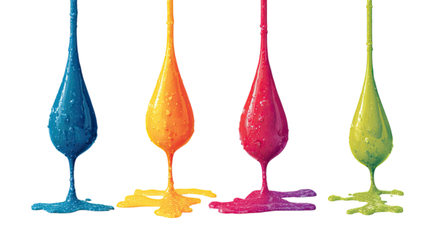 Four dripping colored liquids in a row.  Vibrant blobs of  blue, orange, pink/red, and green viscous fluids cascade downward against a black background.  Pixelated effect