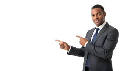 Smiling businessman pointing to the side isolated on transparent background