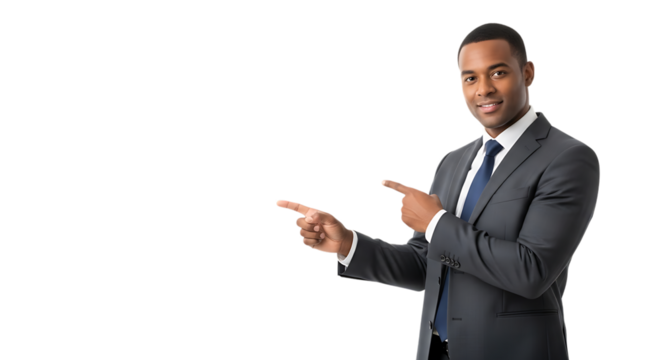 Smiling businessman pointing to the side isolated on transparent background
