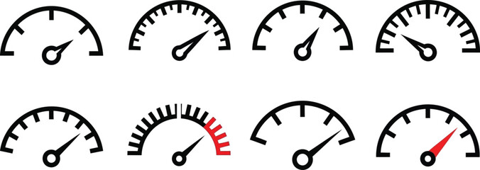 Speedometer Gauges Set Dashboard Indicators with Needles, Minimalist Line Style, White Background