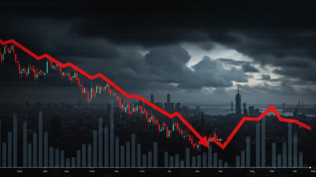 Stormy urban skyline beneath dark clouds with a red downward-trending stock chart overlay, evening.!