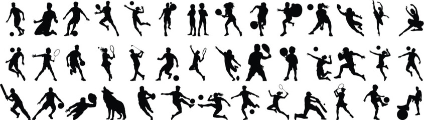 Collection of diverse sports silhouettes showing athletes in action poses