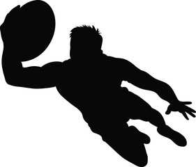 Obraz premium Dynamic silhouette of a rugby player in mid air catching the ball during a game