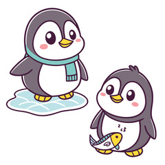 Two cute cartoon penguins, one on ice with a scarf, one with a fish animal bird