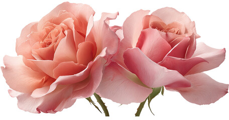 Two delicate, peach-pink roses, close-up, showcasing soft petals and subtle shading