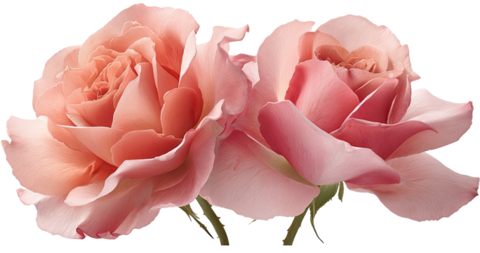 Two delicate, peach-pink roses, close-up, showcasing soft petals and subtle shading