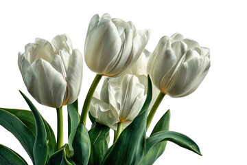 Close-up of three pristine white tulips with lush green foliage