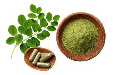 Moringa powder and capsules. Fresh vibrant green moringa leaves, a wooden bowl of greenish-brown powder, and a small wooden spoon holding capsules.  Healthy supplement
