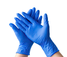 Pair of bright, vibrant blue disposable nitrile gloves, hands clasped together