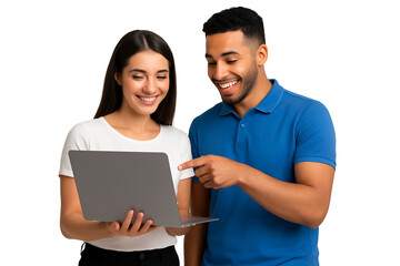 young couple with laptop isolated on white