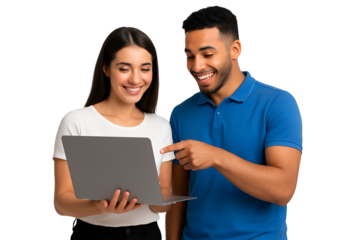 young couple with laptop isolated on white