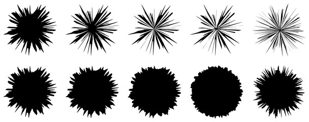 Vector art of collection of abstract burst shapes, showcasing radial design