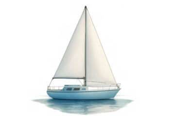 Sailboat floating on water with white sails, depicting freedom, adventure, and sailing on transparent background