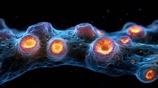 A detailed microscopic image of glowing cellular structures on a textured surface, highlighting biological or molecular activity. - Powered by Adobe