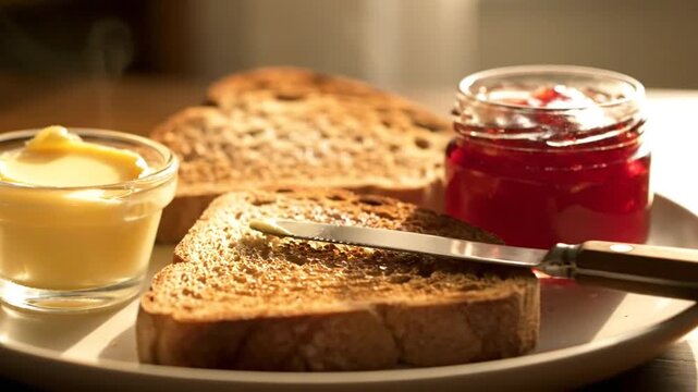 Toast butter and jam on a plate