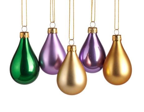 Five colorful teardrop shaped christmas ornaments hanging against a black background
