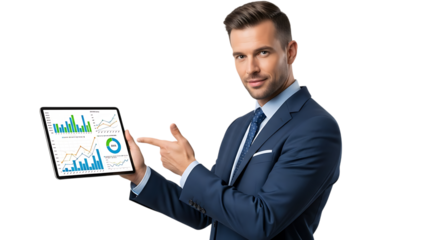 Businessman pointing at tablet with financial charts isolated on transparent background