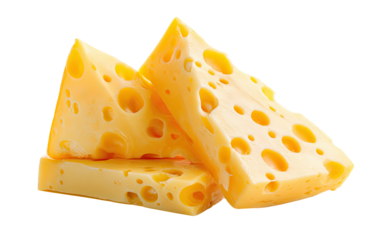 Three triangular slices of cheese,  a golden yellow color, with visible holes