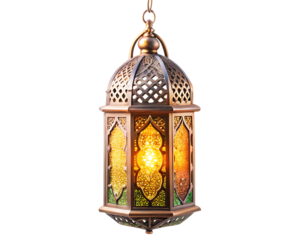 Ornate islamic lantern with colored glass panels hanging isolated on white background