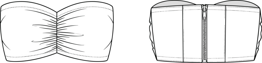Strapless bandeau top flat sketch, front and back view, ruched center front, zipper back closure, panel seams, fashion technical drawing