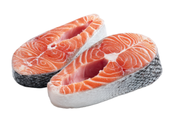 Two salmon steaks, sliced, showcasing raw, vibrant red flesh and dark gray bone structure.  Fresh, healthy, and ready to cook