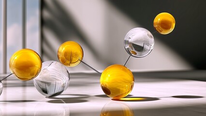 Abstract molecular structure showing interconnected gold and clear glass spheres, representing science, technology, research, networking, and data links in a bright modern environment