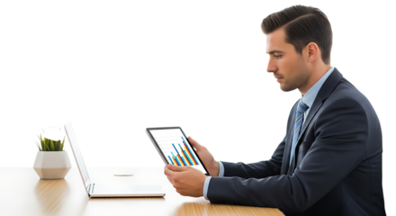 Businessman analyzing charts on tablet isolated on transparent background
