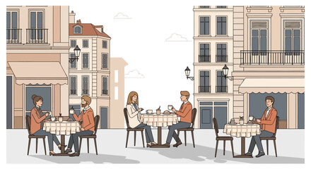 People dining at outdoor cafes in a European city street.