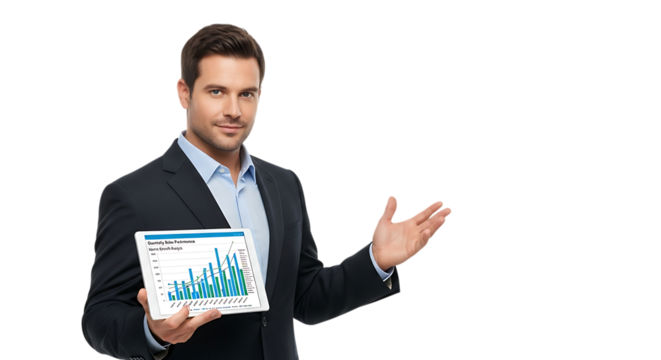 Businessman holding a tablet with a financial graph isolated on transparent background