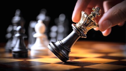 Hand moving a black king chess piece, representing strategic decision making, leadership, business planning, and competition in a challenging game