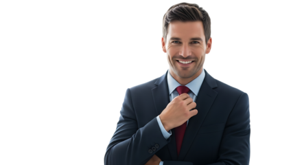 Smiling businessman adjusting his tie, isolated on transparent background