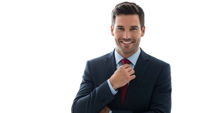 Smiling businessman adjusting his tie, isolated on transparent background