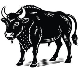 A strong, muscular buffalo with curved horns and a dripping mouth, rendered in a stark black and white graphic illustration style, evoking power and primal energy