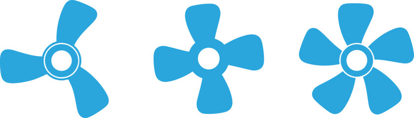 Three Sky Blue Fan Silhouettes with Three, Four, and Five Blades on White