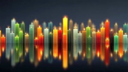 Colorful glowing candles creating a spiritual cityscape, casting vibrant reflections on a dark surface, symbolizing hope, remembrance, and collective light