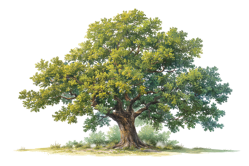 A vibrant, detailed illustration of a large oak tree.  The tree's canopy is full of light green leaves, with some areas of yellowish-green highlights. 