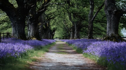 Serene springtime pathway flanked by purple bluebells and majestic oak trees in a lush forest