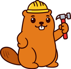 Cute cartoon construction worker beaver, mascot character with hammer and hard hat. Isolated vector clip art illustration.