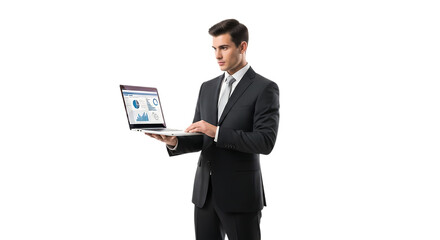 Businessman in a suit holding a laptop with charts isolated on transparent background