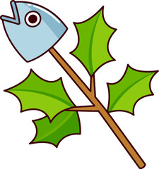 Hiiragi Iwashi ("Holly Sardine") Japanese Setsubun tradition. Cooked sardine head impaled on a holly branch. Cartoon vector illustration.