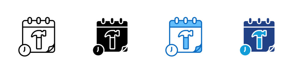 Project Schedule Multiple Style Icon Design Vector - Calendar with hammer and clock, representing project timeline, construction deadline, and task scheduling