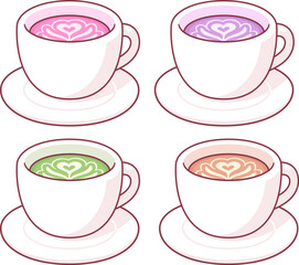 Pink latte, purple latte, matcha latte cups. Novelty coffee drinks, cute cartoon drawing set. Isolated vector illustration.