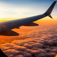 Obraz premium Airplane Wing Above Sunrise Clouds. Cinematic Wanderlust Travel Background.
