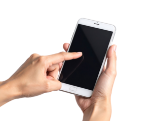 Person s hands holding and touching a white smartphone with a black screen against a black background