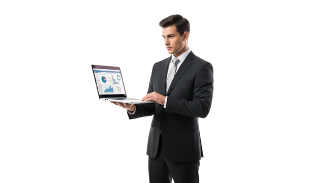 Businessman in a suit holding a laptop with charts isolated on transparent background