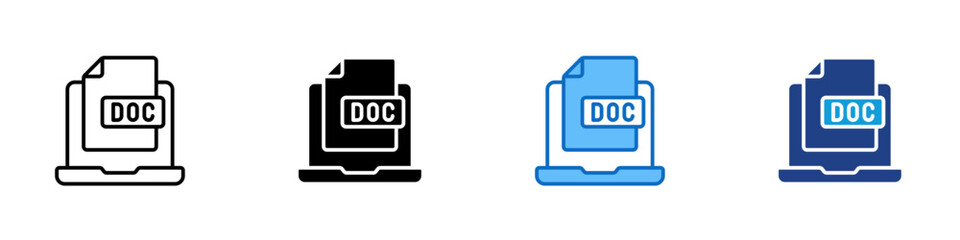 Document File Multiple Style Icon Design Vector - Laptop displaying a DOC file representing digital documents, text files, and word processing