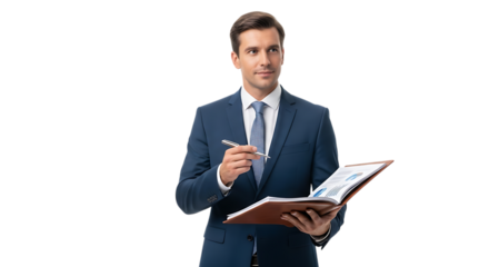 Businessman holding a notebook and pen isolated on transparent background