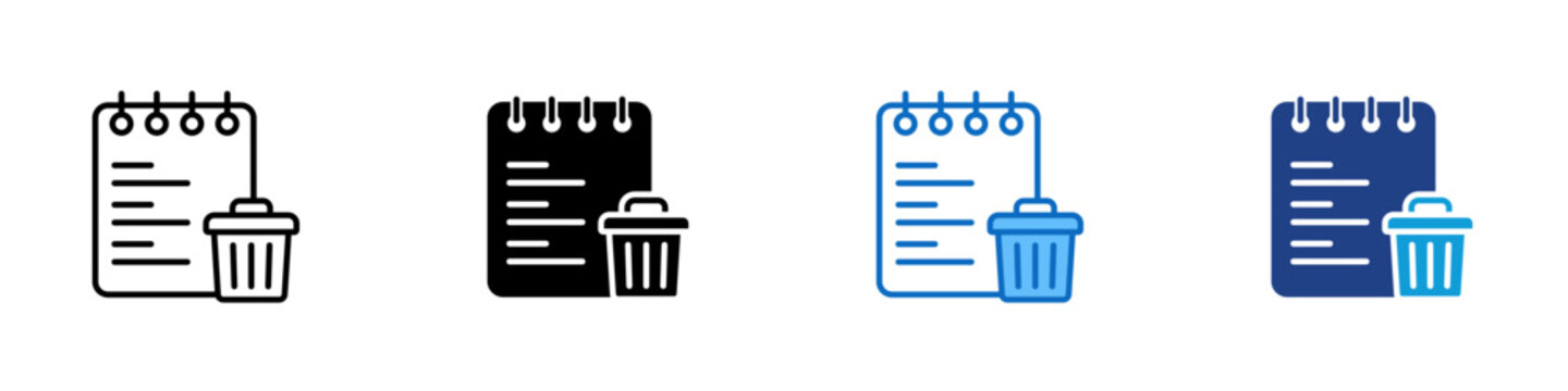Delete Note Multiple Style Icon Design Vector - notebook with a trash bin representing deleting tasks, notes, or outdated information