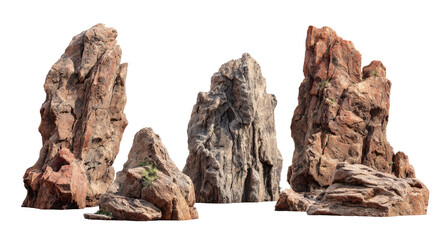Three sculpted rocks, various shades of reddish-brown, with textured surfaces